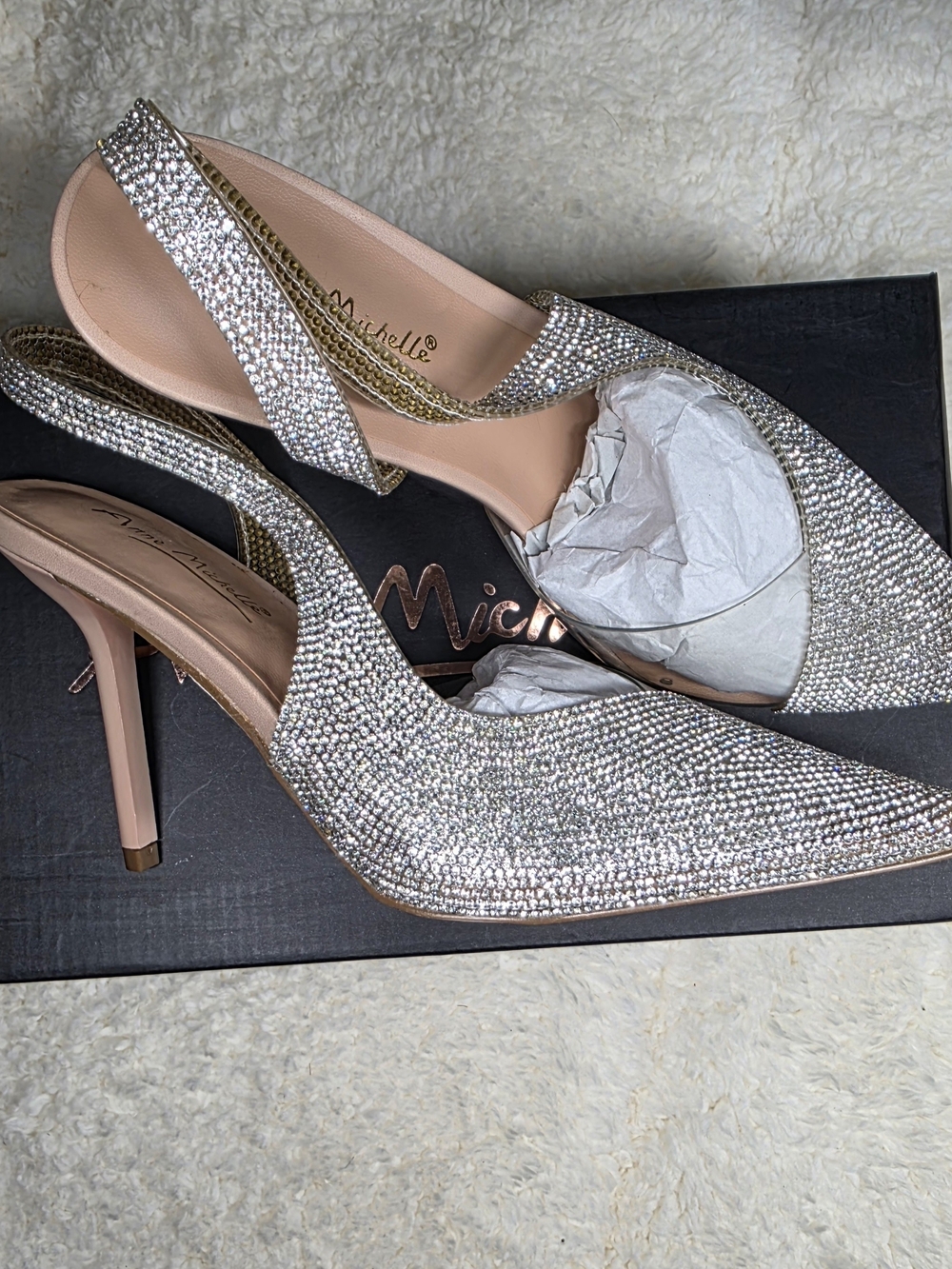 Anne Michelle Silver Rhinestone Slingback Heels